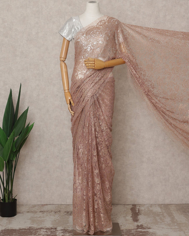 Rose Gold Premium French Metallic Chantilly Lace Saree, Width 110 Cms, Length 5.5 Mtrs, Imported from France-D25687 Regal Fabrics