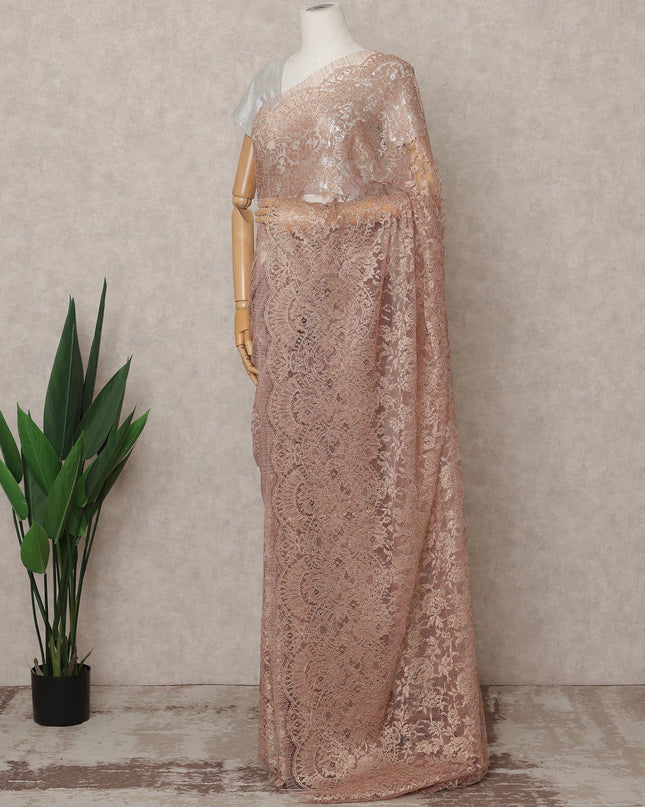Rose Gold Premium French Metallic Chantilly Lace Saree, Width 110 Cms, Length 5.5 Mtrs, Imported from France-D25687 Regal Fabrics