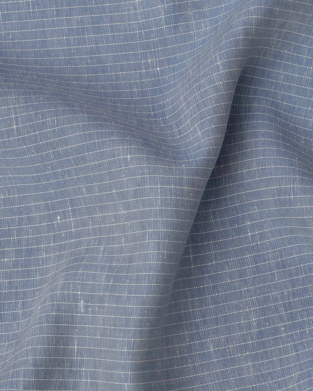 Sky Blue White Checked Cotton Linen Shirting Fabric, Width 150 Cms, Made in Japan-D26061