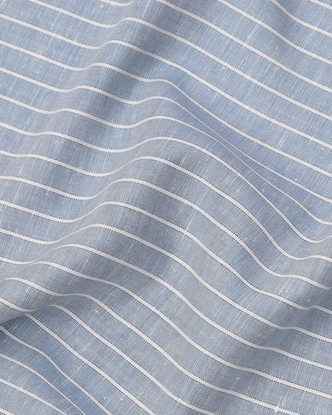 Sky Blue and White Horizontal Stripe Cotton Linen Shirting Fabric, Width 150 Cms, Made in Japan-D26065