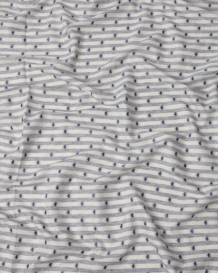 White and Blue Striped with Dot Motif Synthetic Cotton Fabric, 140 Cms, India-D25375