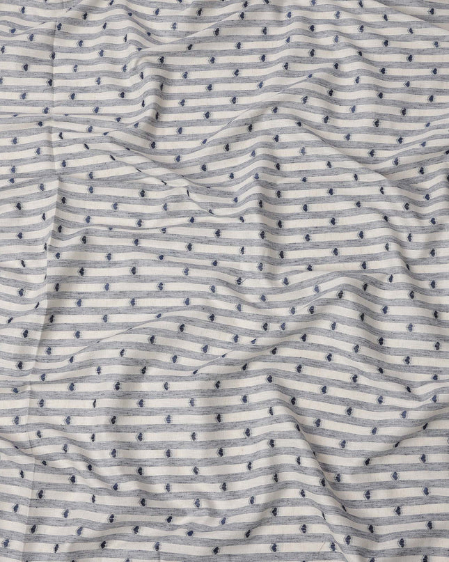 White and Blue Striped with Dot Motif Synthetic Cotton Fabric, 140 Cms, India-D25375