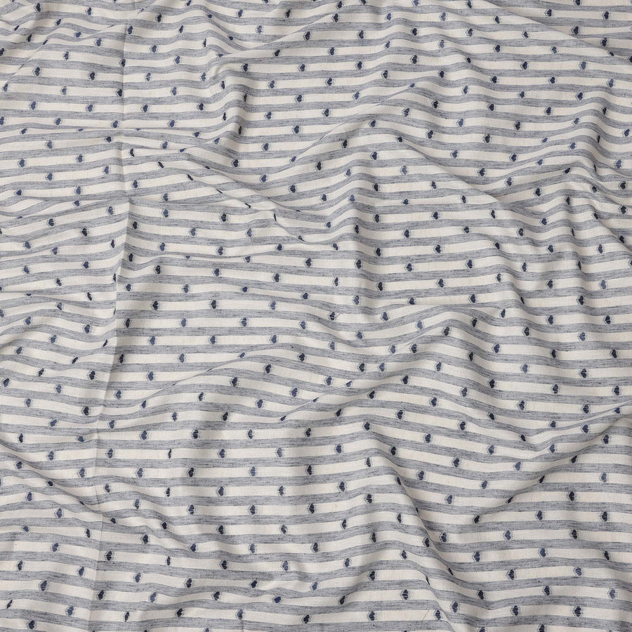 White and Blue Striped with Dot Motif Synthetic Cotton Fabric, 140 Cms, India-D25375