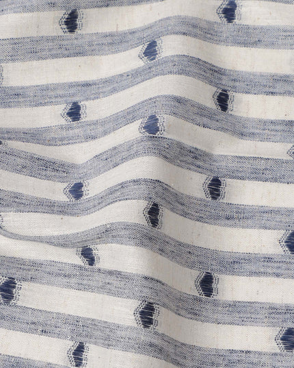 White and Blue Striped with Dot Motif Synthetic Cotton Fabric, 140 Cms, India-D25375