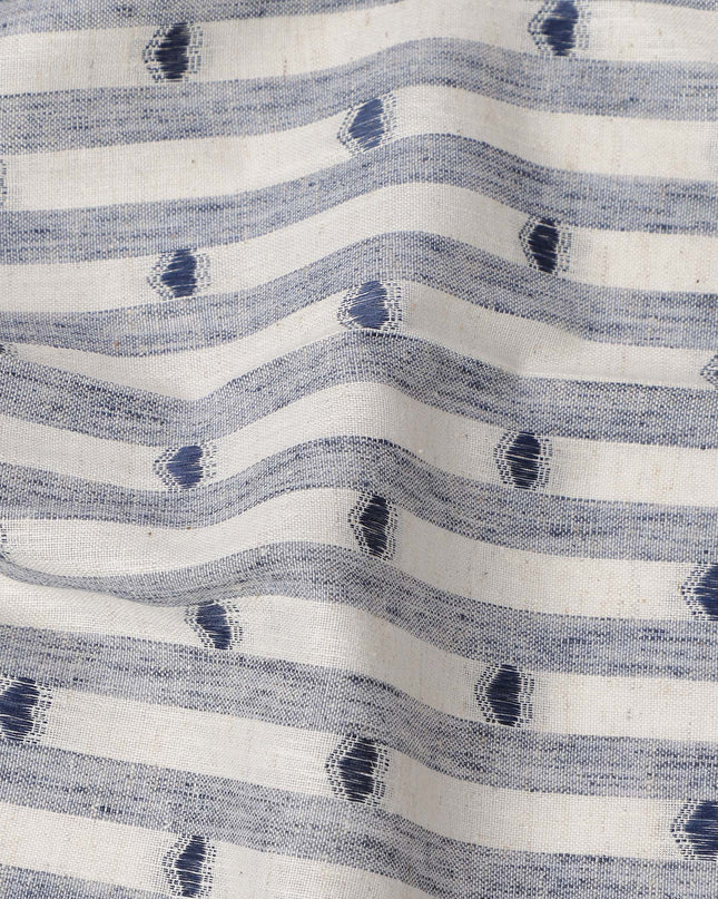 White and Blue Striped with Dot Motif Synthetic Cotton Fabric, 140 Cms, India-D25375