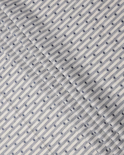 White and Blue Striped with Dot Motif Synthetic Cotton Fabric, 140 Cms, India-D25375