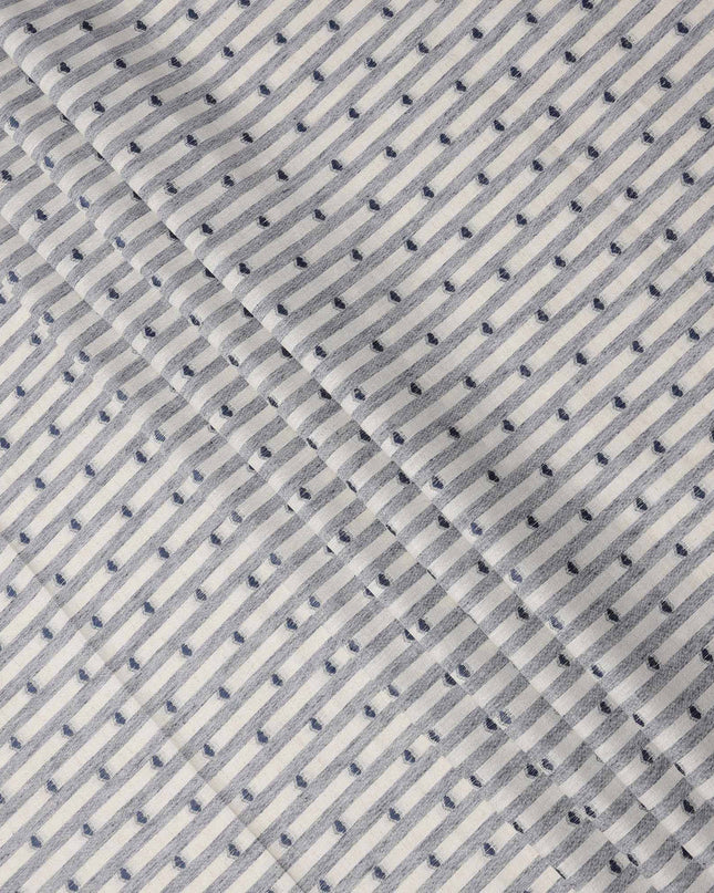 White and Blue Striped with Dot Motif Synthetic Cotton Fabric, 140 Cms, India-D25375