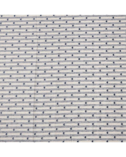 White and Blue Striped with Dot Motif Synthetic Cotton Fabric, 140 Cms, India-D25375