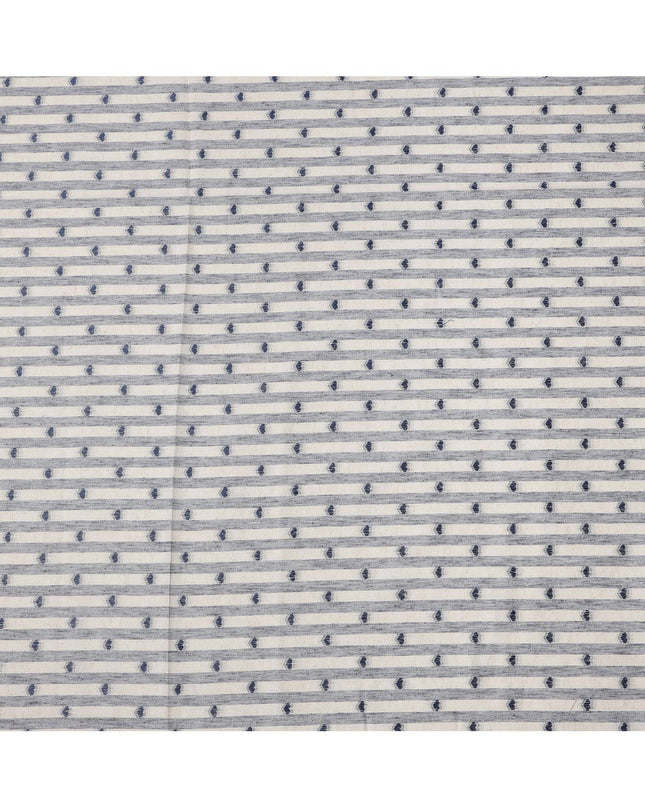 White and Blue Striped with Dot Motif Synthetic Cotton Fabric, 140 Cms, India-D25375