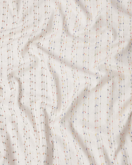 Off White Vertical Multicolor Dotted Stripe Synthetic Cotton Fabric, 140 Cms, India-D25376