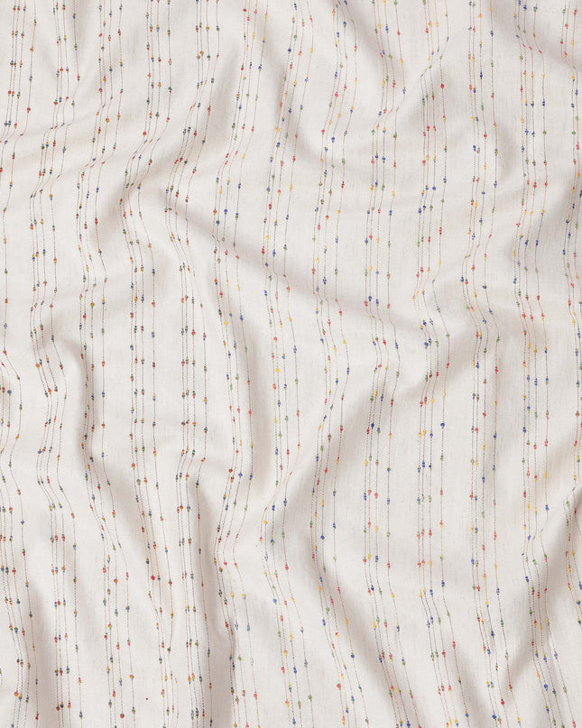 Off White Vertical Multicolor Dotted Stripe Synthetic Cotton Fabric, 140 Cms, India-D25376
