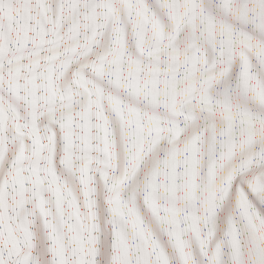 Off White Vertical Multicolor Dotted Stripe Synthetic Cotton Fabric, 140 Cms, India-D25376