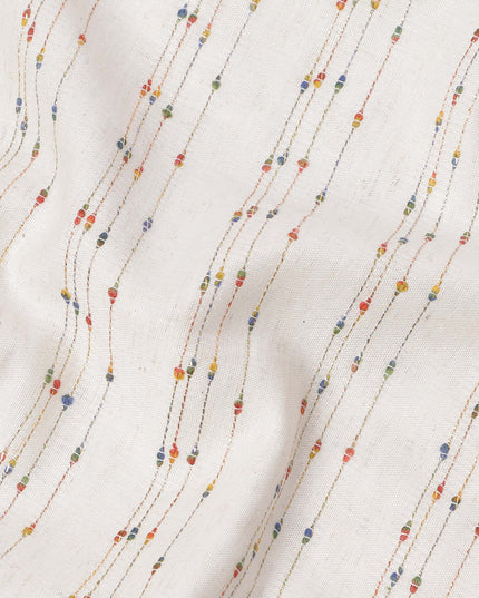 Off White Vertical Multicolor Dotted Stripe Synthetic Cotton Fabric, 140 Cms, India-D25376