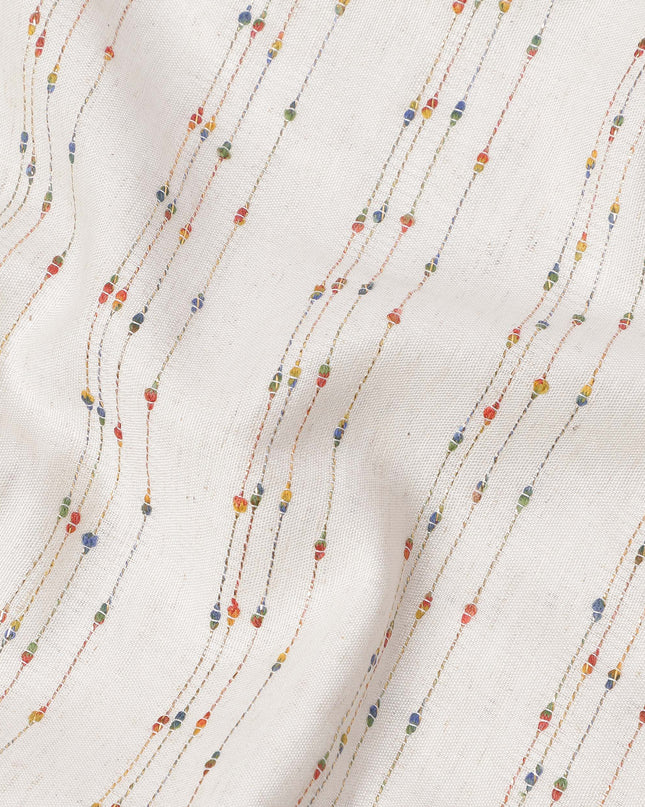Off White Vertical Multicolor Dotted Stripe Synthetic Cotton Fabric, 140 Cms, India-D25376