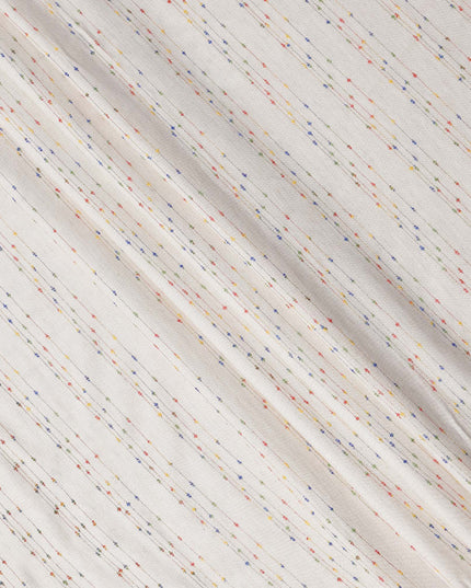 Off White Vertical Multicolor Dotted Stripe Synthetic Cotton Fabric, 140 Cms, India-D25376