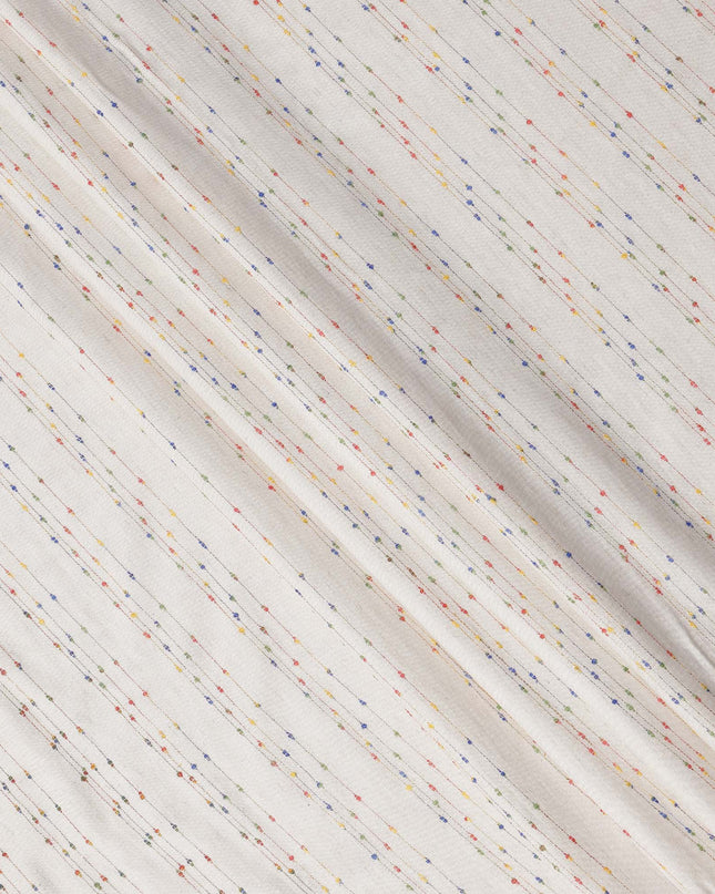 Off White Vertical Multicolor Dotted Stripe Synthetic Cotton Fabric, 140 Cms, India-D25376