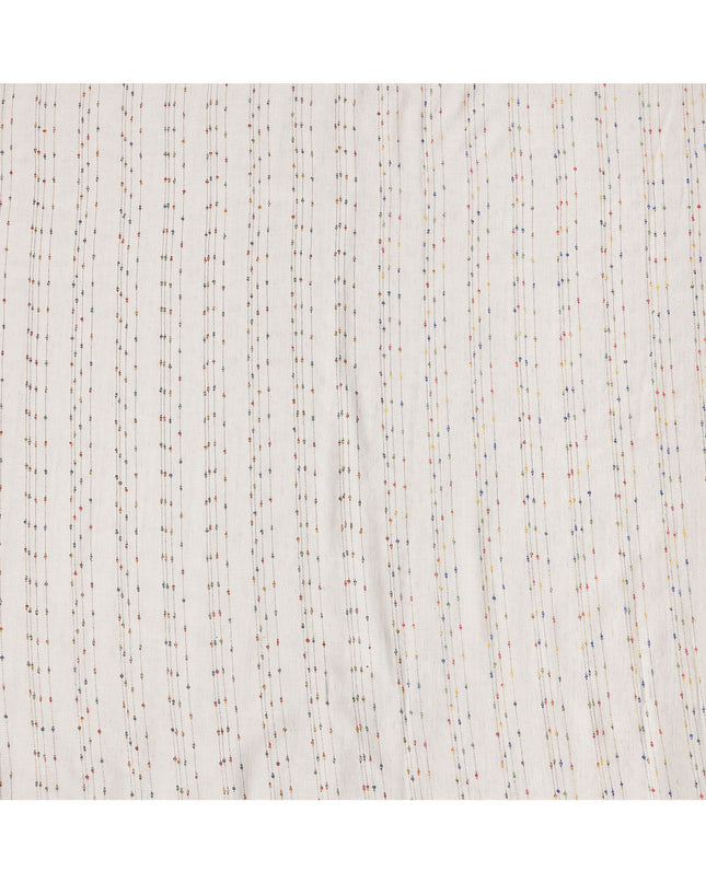 Off White Vertical Multicolor Dotted Stripe Synthetic Cotton Fabric, 140 Cms, India-D25376