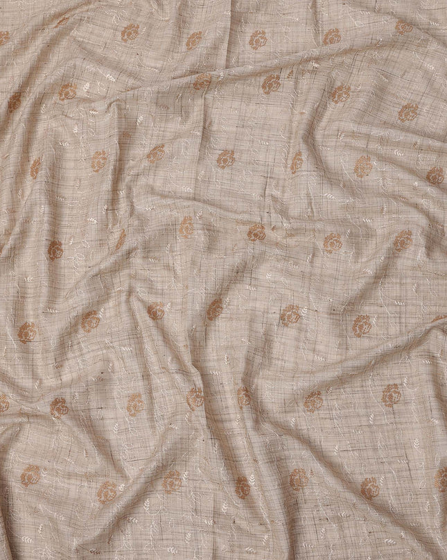 Beige Floral Embroidered Tussar Silk Fabric, 110 Cms Width, India-D25181