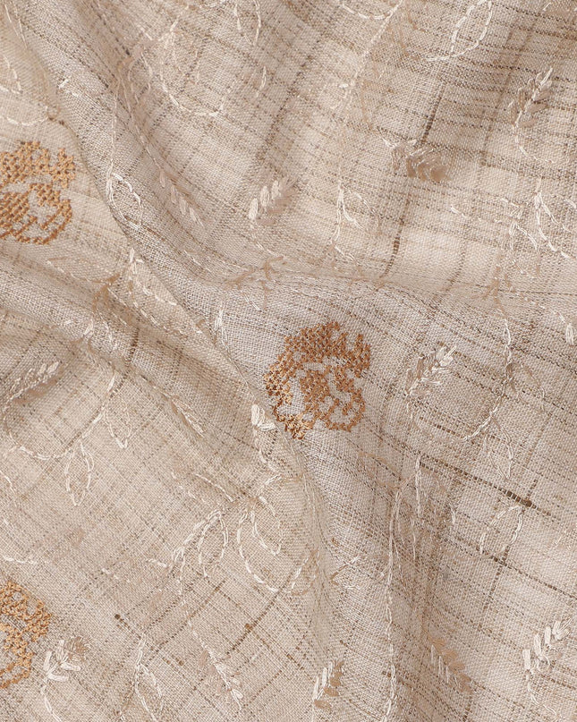 Beige Floral Embroidered Tussar Silk Fabric, 110 Cms Width, India-D25181