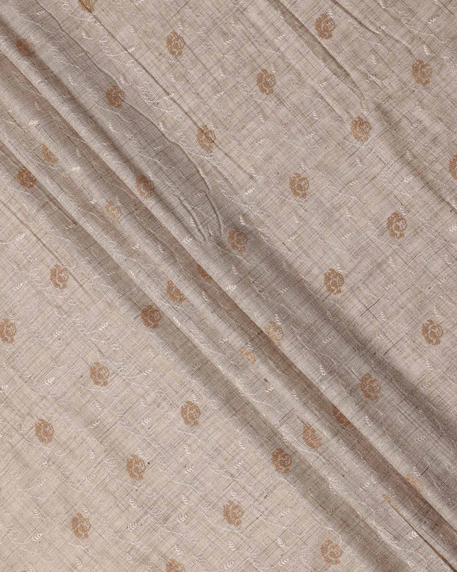 Beige Floral Embroidered Tussar Silk Fabric, 110 Cms Width, India-D25181