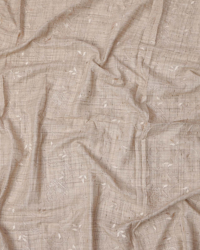Beige Self Floral Embroidered Tussar Silk Fabric, 110 Cms Width, India-D25182