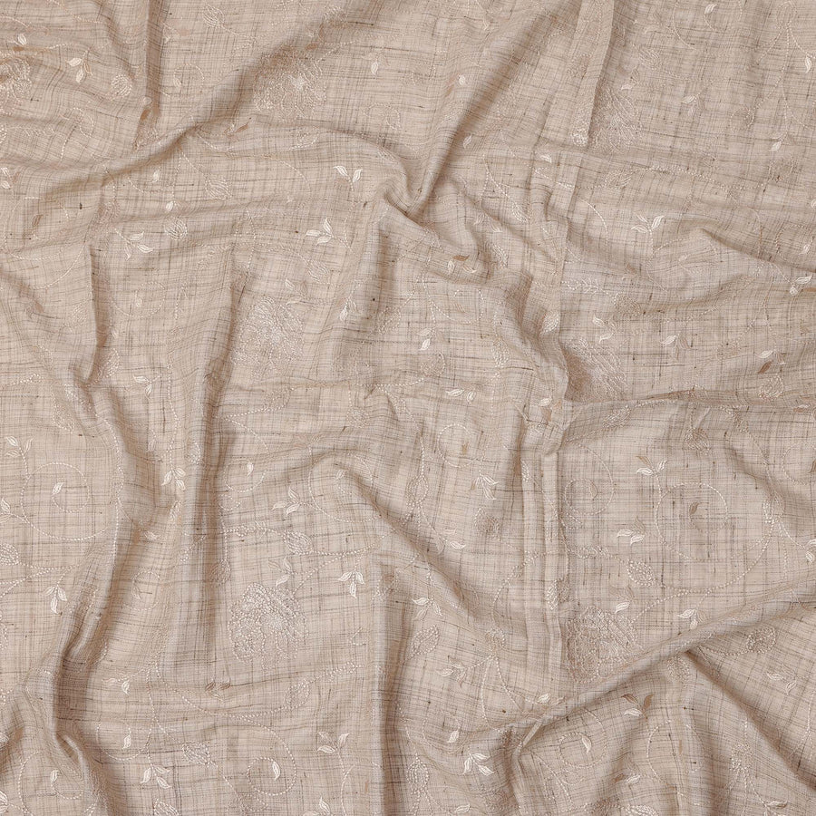 Beige Self Floral Embroidered Tussar Silk Fabric, 110 Cms Width, India-D25182
