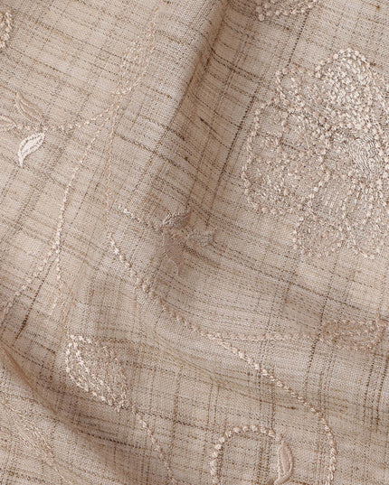 Beige Self Floral Embroidered Tussar Silk Fabric, 110 Cms Width, India-D25182