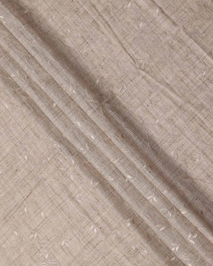 Beige Self Floral Embroidered Tussar Silk Fabric, 110 Cms Width, India-D25182