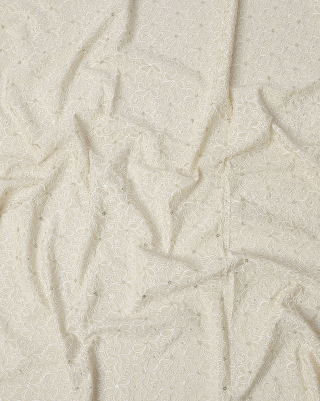 Ivory Floral Embroidered Cotton Viscose Fabric, 110 Cms Width, Made in India-D26271