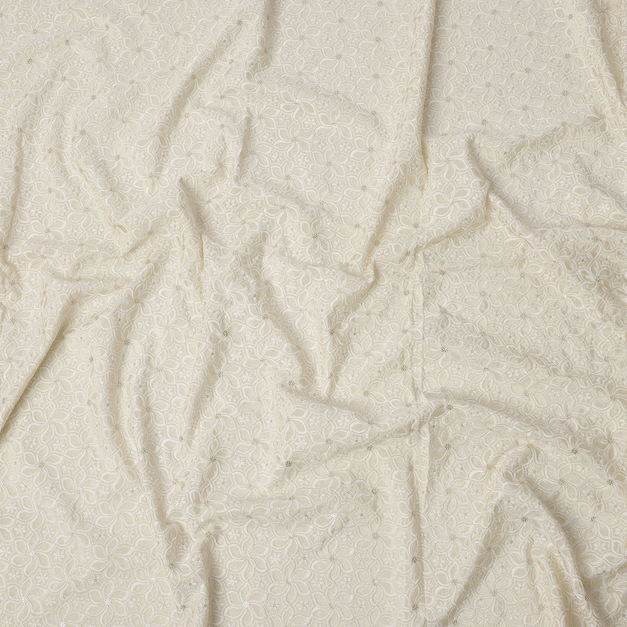 Ivory Floral Embroidered Cotton Viscose Fabric, 110 Cms Width, Made in India-D26271