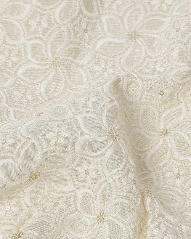 Ivory Floral Embroidered Cotton Viscose Fabric, 110 Cms Width, Made in India-D26271