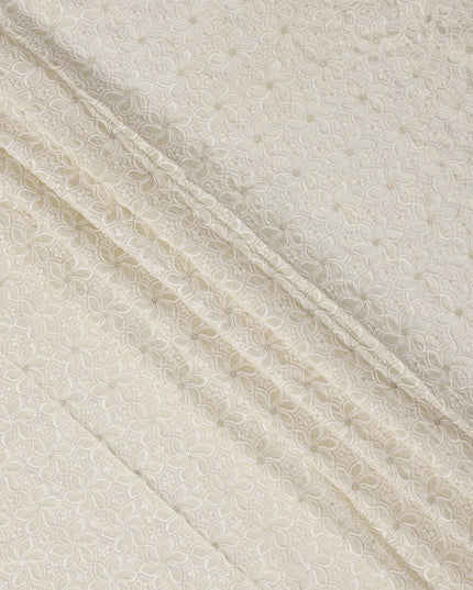 Ivory Floral Embroidered Cotton Viscose Fabric, 110 Cms Width, Made in India-D26271