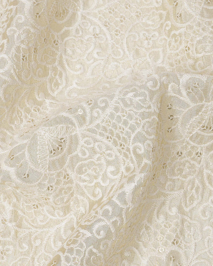 Cream Floral Pattern Embroidered Cotton Viscose Fabric, 110 Cms Width, Made in India-D26273