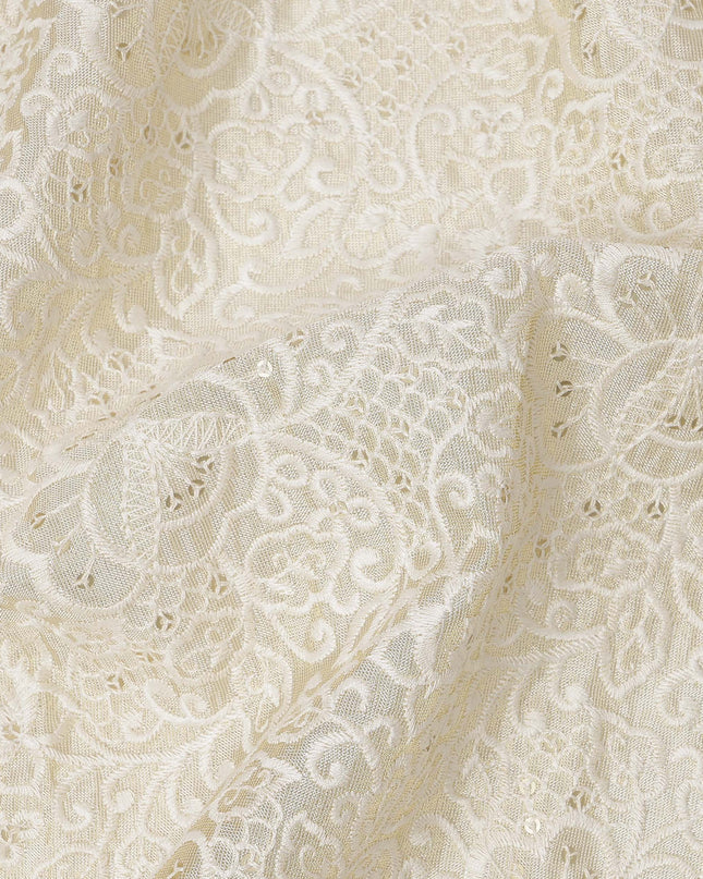 Cream Floral Pattern Embroidered Cotton Viscose Fabric, 110 Cms Width, Made in India-D26273