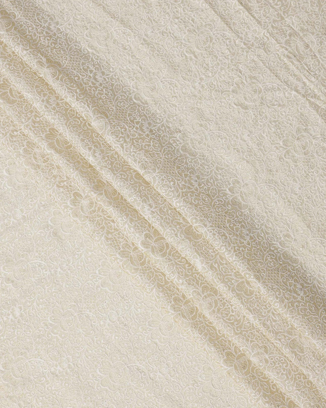 Cream Floral Pattern Embroidered Cotton Viscose Fabric, 110 Cms Width, Made in India-D26273