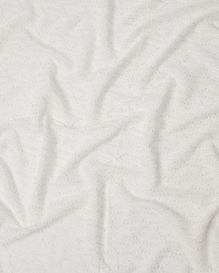 White Leaf Pattern Embroidered Cotton Viscose Fabric, 110 Cms Width, Made in India-D26272
