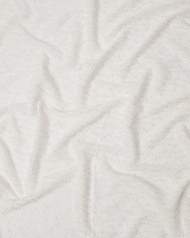 White Leaf Pattern Embroidered Cotton Viscose Fabric, 110 Cms Width, Made in India-D26272