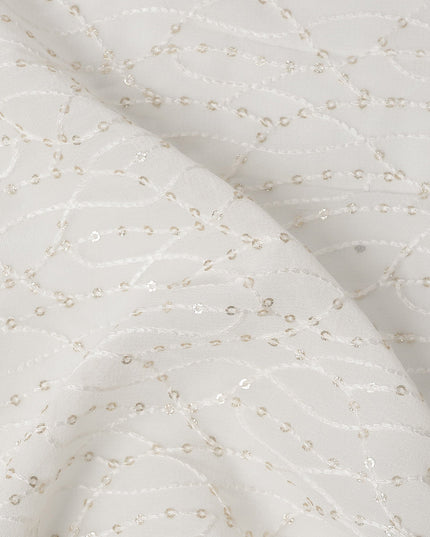White Leaf Pattern Embroidered Cotton Viscose Fabric, 110 Cms Width, Made in India-D26272