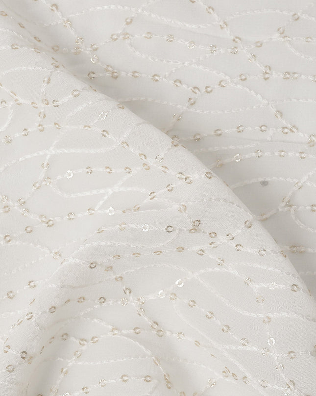 White Leaf Pattern Embroidered Cotton Viscose Fabric, 110 Cms Width, Made in India-D26272