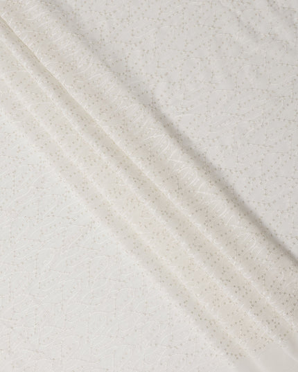 White Leaf Pattern Embroidered Cotton Viscose Fabric, 110 Cms Width, Made in India-D26272