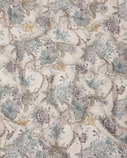 Cream Floral Printed Cotton blended cotton linen Fabric, 110 Cms Width, India-D25183