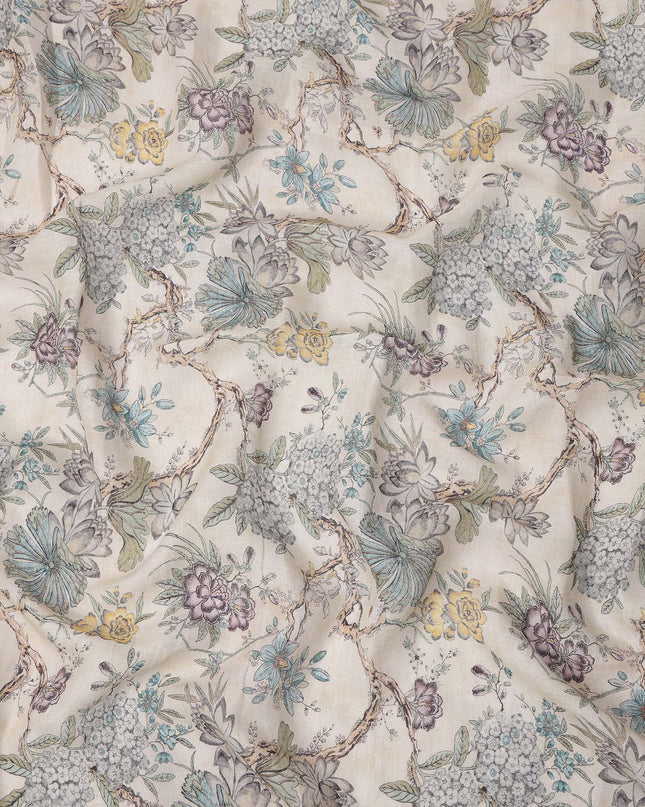 Cream Floral Printed Cotton blended cotton linen Fabric, 110 Cms Width, India-D25183