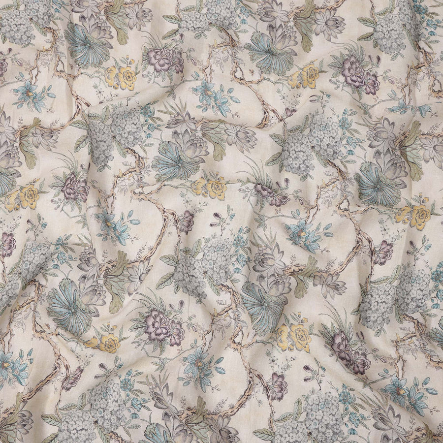 Cream Floral Printed Cotton blended cotton linen Fabric, 110 Cms Width, India-D25183
