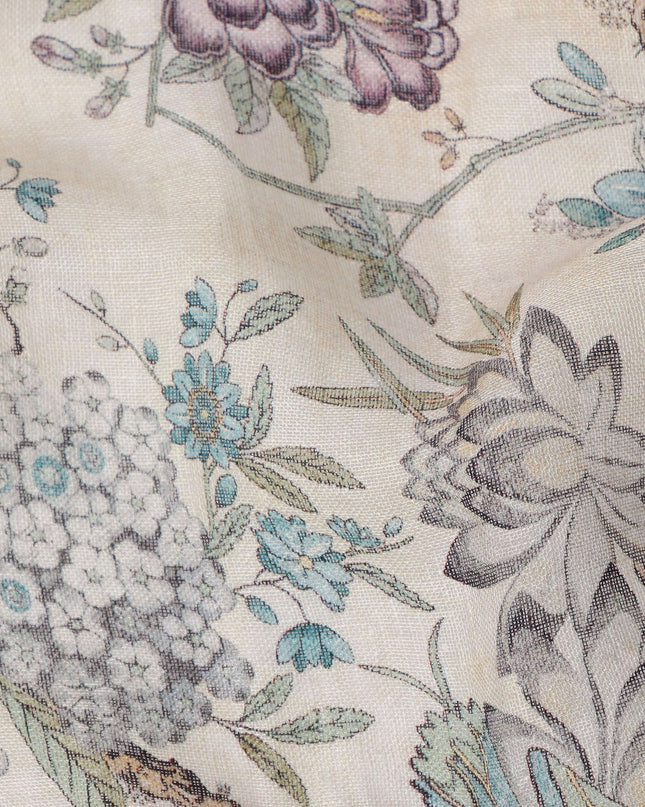 Cream Floral Printed Cotton blended cotton linen Fabric, 110 Cms Width, India-D25183