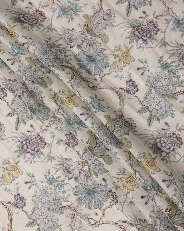 Cream Floral Printed Cotton blended cotton linen Fabric, 110 Cms Width, India-D25183