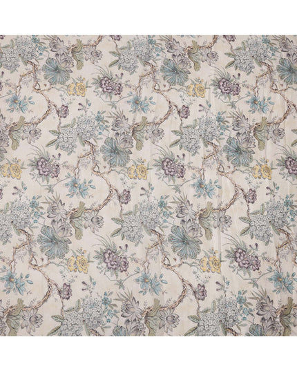 Cream Floral Printed Cotton blended cotton linen Fabric, 110 Cms Width, India-D25183