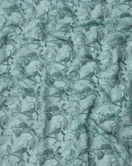 Teal Leaf Printed Blended Cotton Linen Fabric, 110 Cms Width, India-D25176