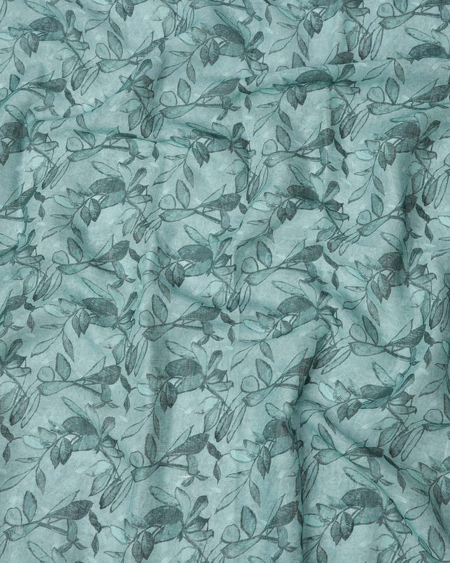 Teal Leaf Printed Blended Cotton Linen Fabric, 110 Cms Width, India-D25176