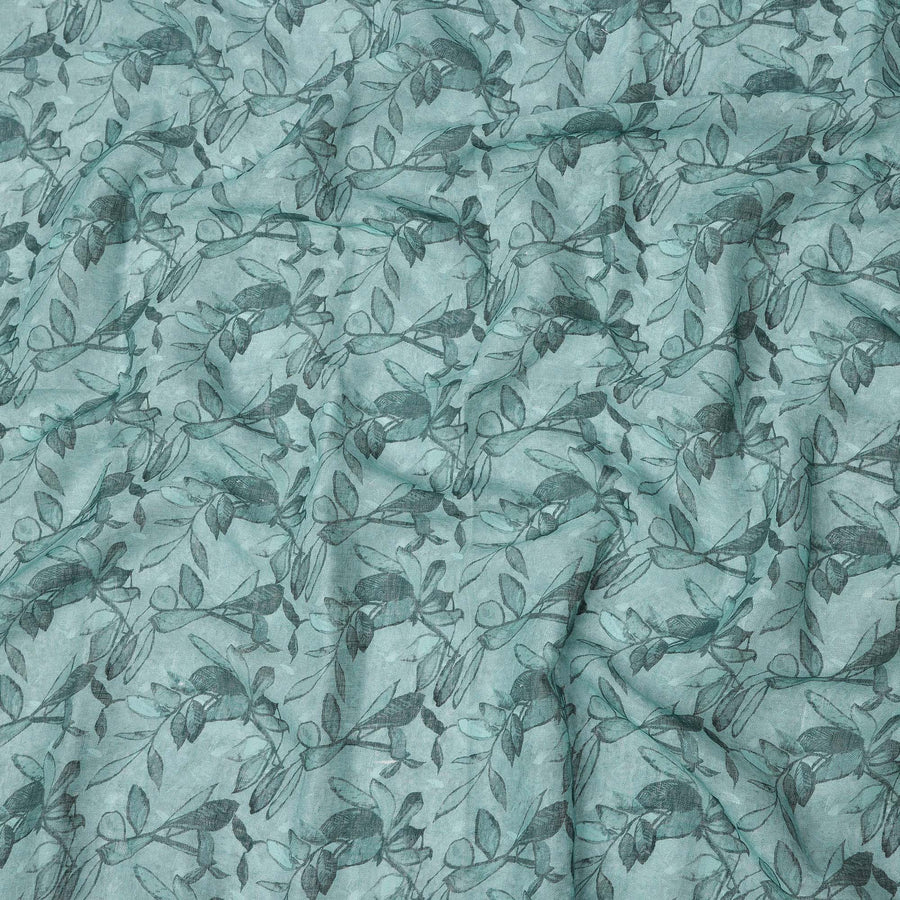 Teal Leaf Printed Blended Cotton Linen Fabric, 110 Cms Width, India-D25176
