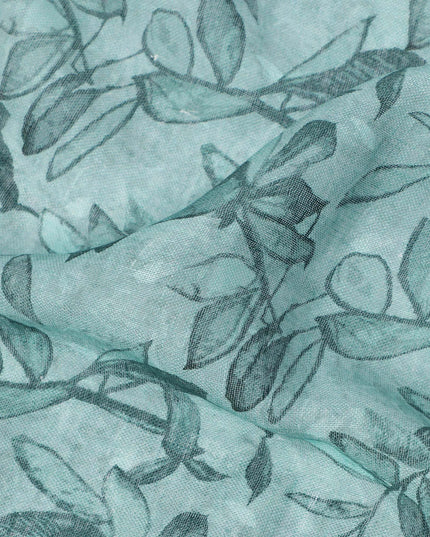 Teal Leaf Printed Blended Cotton Linen Fabric, 110 Cms Width, India-D25176